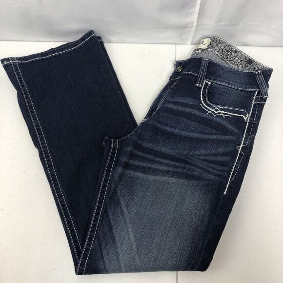 Ariat REAL Jeans Womens 33R Blue Mid Rise Entwined Boot Cut Marine 10017510 West - Picture 2 of 13